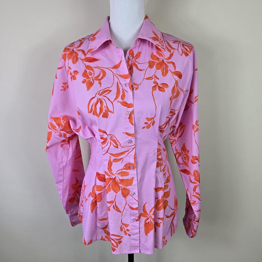Alexia Admor Shirt Womens 6 Pink Orange Floral Button Up Long Sleeve Fitted